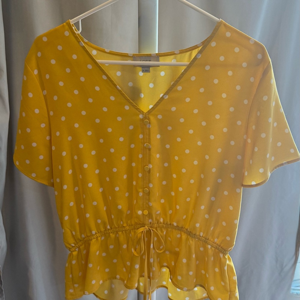 LOFT Yellow Polka Dot Button-Front Peplum Top